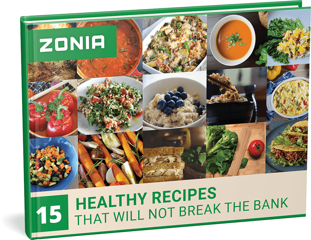 A cookbook titled "ZONIA: 15 Healthy Recipes That Will Not Break The Bank," featuring a grid of various colorful food photos on its cover, including soups, salads, and baked dishes.